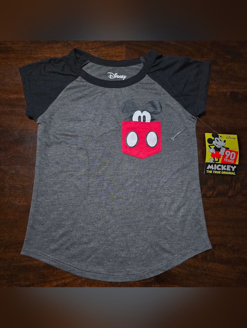 Disney Mickey Mouse Tee T-Shirt Juniors Medium (7/8) Grey Black Red Pocket NWT